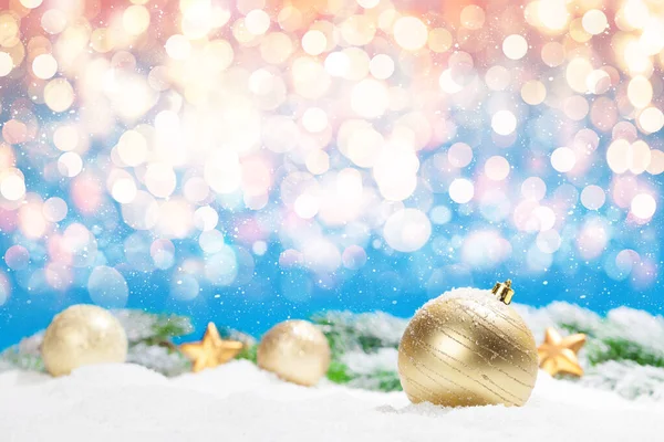 Kerstkaart Met Decor Sneeuw Wazig Bokeh Achtergrond Kopieer Ruimte Voor — Stockfoto
