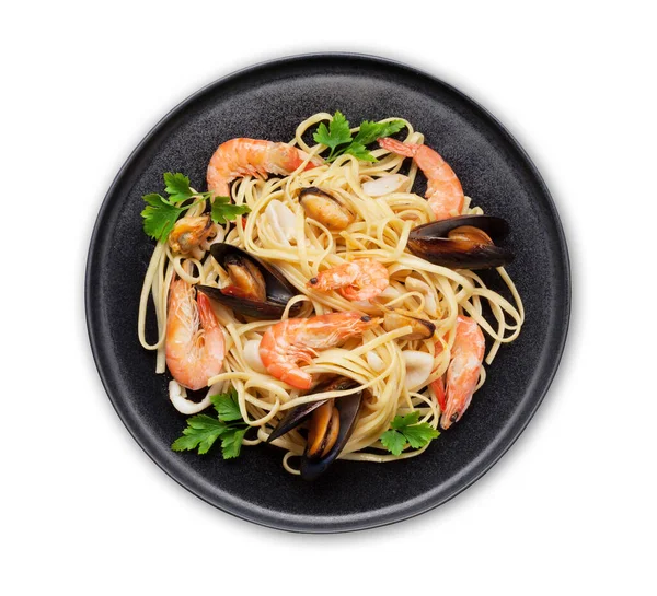 Spaghetti Mit Meeresfrüchten Und Venusmuscheln Und Garnelen Draufsicht Flach Lag — Stockfoto