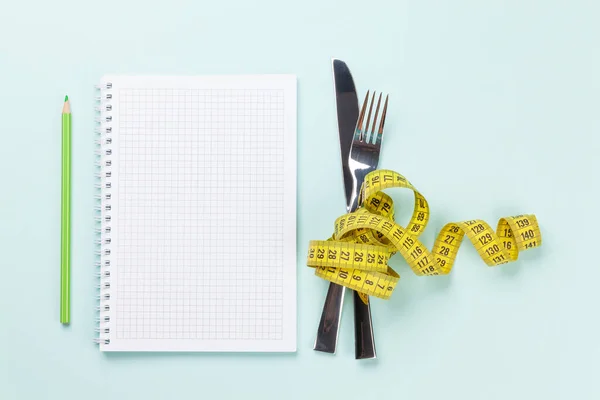 Gesunde Ernährung Und Gewichtsverlust Konzept Flachlage Von Oben Mit Notizblock — Stockfoto