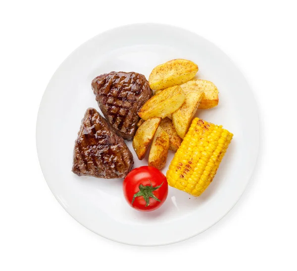 Bistecca Con Patate Alla Griglia Mais Pomodoro Vista Dall Alto — Foto Stock