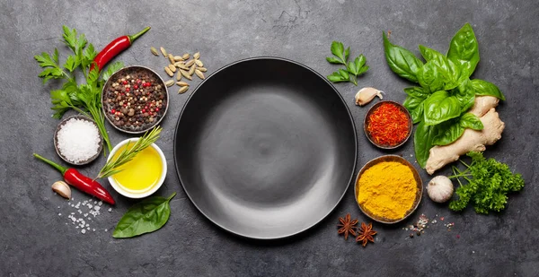 Various Spices Herbs Condiments Dark Stone Table Indian Cuisine Top — Stock Photo, Image