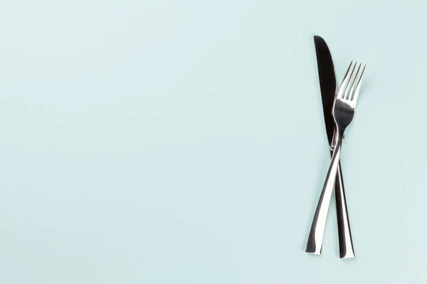 Fork Knife Blue Background Top View Flat Lay Copy Space — Stock Photo, Image