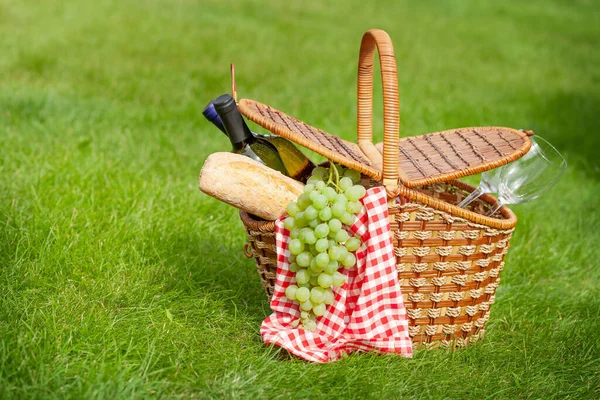 Cesta Picnic Con Vino Uva Baguette Jardín Hierba Soleada Con — Foto de Stock