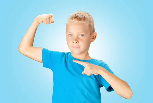 Funny Boy Showing His Biceps Muscles Color Background — Stock Photo, Image