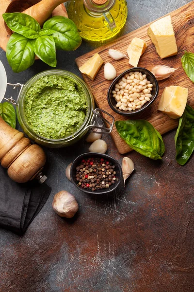 Homemade Pesto Sauce Basil Leaves Pine Nuts Parmesan Garlic Top — Stock Photo, Image