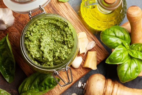 Homemade Pesto Sauce Basil Leaves Pine Nuts Parmesan Garlic Top — Stock Photo, Image