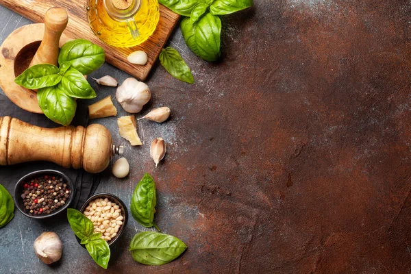 Homemade Pesto Sauce Cooking Basil Leaves Pine Nuts Parmesan Garlic — Stock Photo, Image