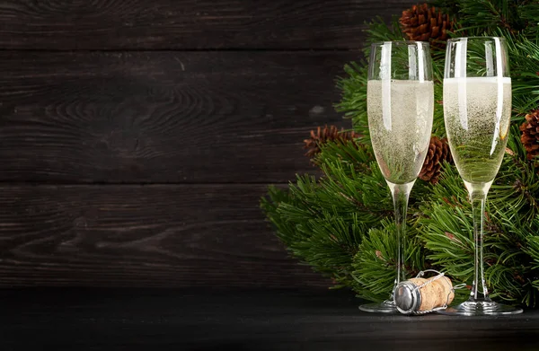 Christmas Greeting Card Fir Tree Champagne Glasses Space Your Xmas — Stock Photo, Image