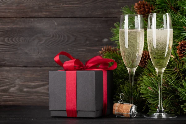 Christmas Greeting Card Fir Tree Champagne Glasses Gift Box Space — Stock Photo, Image