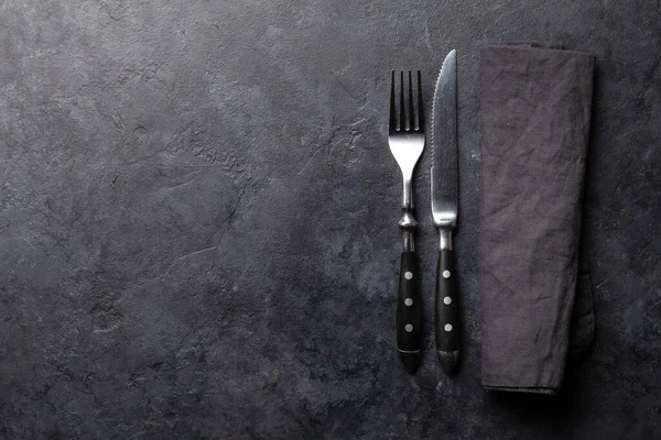 Stone Table Knife Fork Top View Flat Lay Copy Space — Stock Photo, Image