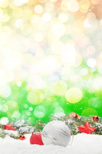 Christmas Greeting Card Decor Snow Blurred Bokeh Background Copy Space — Stock Photo, Image