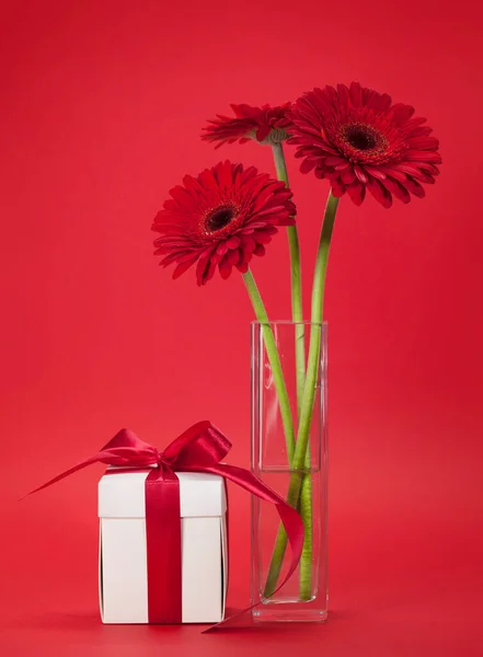 Tarjeta Felicitación Con Flores Gerberas Caja Regalo Sobre Fondo Rojo — Foto de Stock