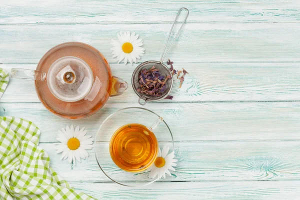 Herbal Tea Teapot Cup Wooden Table Top View Copy Space — Stock Photo, Image