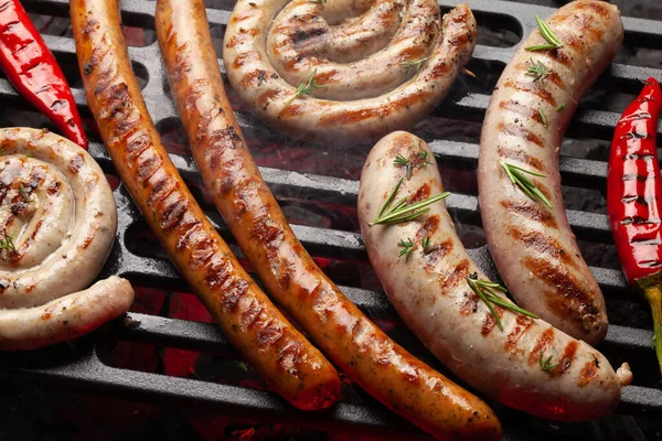 Hot Spicy Grilled Sausages Coal Grill Top View — Stock Photo, Image