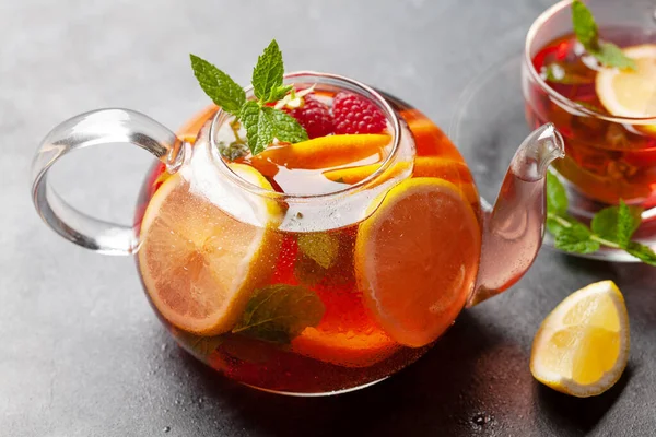 Traditional Fruit Tea Teapot Glass Lemon Berries Mint — Stock Photo, Image