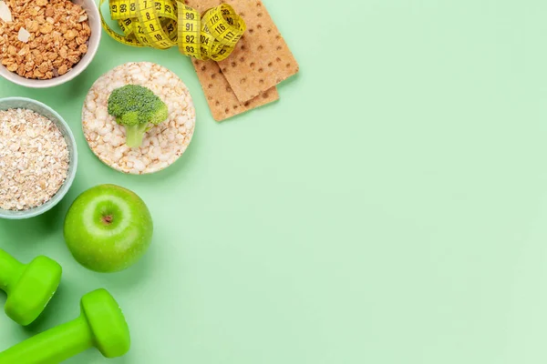 Hälsosam Mat Och Väga Förlust Koncept Kost Och Fitness Ovanifrån — Stockfoto