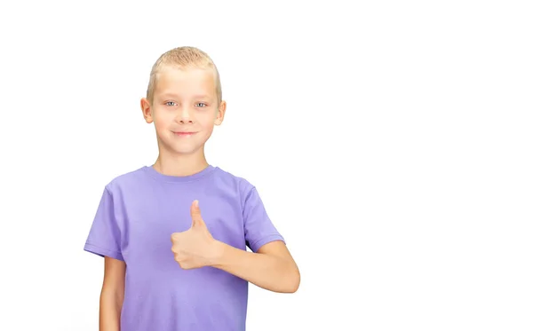 Komik Çocuk Baş Parmağını Gösteriyor Kopya Alanı Ile Beyaz Arkaplanda — Stok fotoğraf