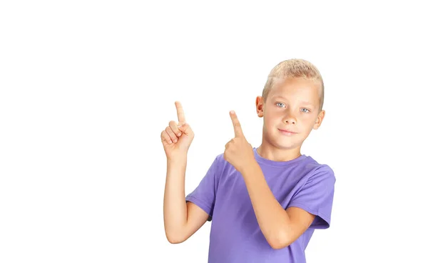 Funny Boy Pointing Hand Finger Isolated White Background Copy Space — Stock Photo, Image