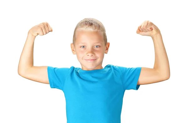 Funny Boy Showing His Biceps Muscles Isolated White Background — Stock Photo, Image