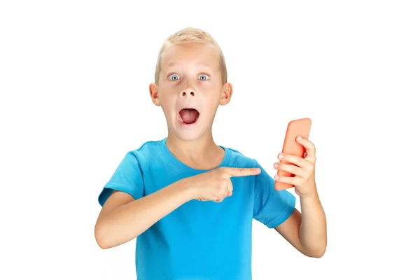 Funny Surprised Boy Holding Smartphone Isolated White Background — Stock Photo, Image