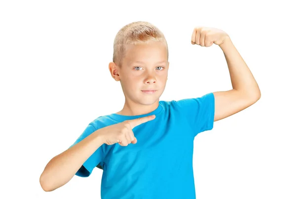 Funny Boy Showing His Biceps Muscles Isolated White Background — Stock Photo, Image