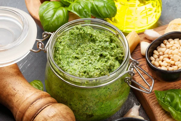 Homemade Pesto Sauce Basil Leaves Pine Nuts Parmesan Garlic — Stock Photo, Image