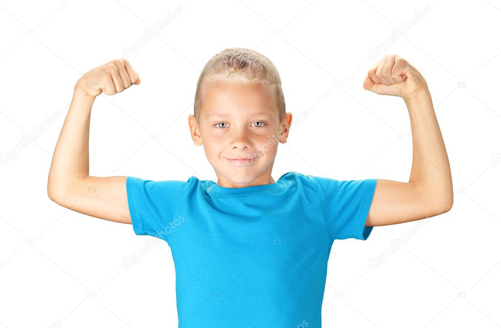 Funny boy showing his biceps muscles. Isolated on white background