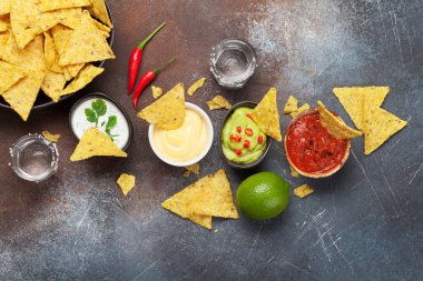 Çeşitli soslu Meksika cipsi. Guacamole, salsa, peynir ve ekşi krema. Üst görünüm düz taş masa üzerinde yatıyordu
