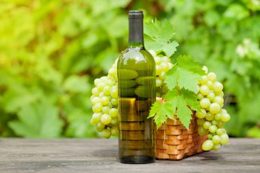 Beyaz şarap şişesi ve olgunlaşmış üzüm üzüm bağındaki ahşap masada.