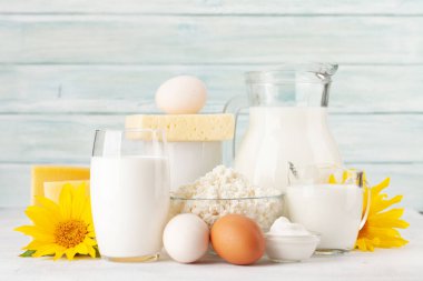 Çeşitli süt ürünleri. Süt, peynir, kulübe, ekşi krema. Mavi arkaplanın önünde