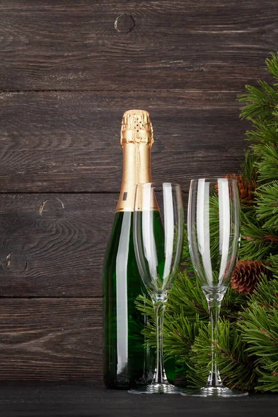 Kerstkaart Met Dennenboom Champagne Ruimte Voor Kerstgroeten — Stockfoto