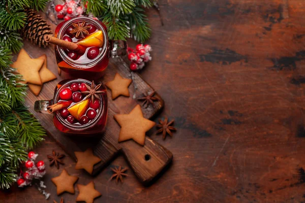 Weihnachtsgrußkarte Mit Glühwein Lebkuchen Und Weihnachtsbaum Draufsicht Flach Liegend Mit — Stockfoto