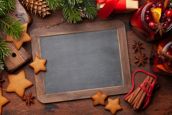 Weihnachtsgrußkarte Mit Glühwein Lebkuchen Und Weihnachtsbaum Draufsicht Flach Liegend Mit — Stockfoto