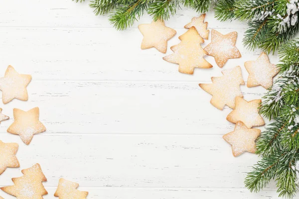 Biscuits Pain Épice Noël Branche Sapin Noël Sur Fond Bois — Photo