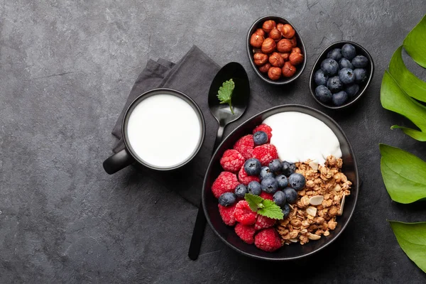 Petit Déjeuner Sain Avec Granola Maison Avec Yaourt Baies Fraîches — Photo