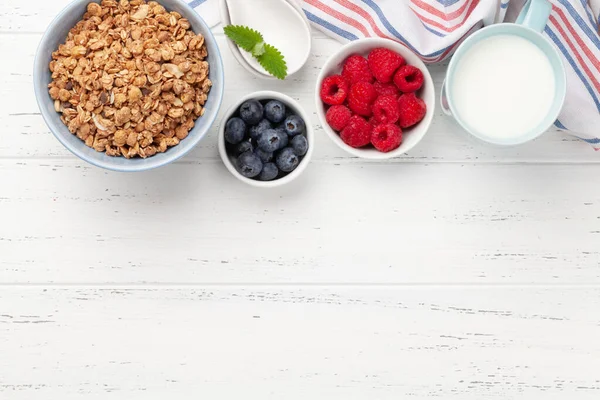 Healthy Breakfast Homemade Granola Yogurt Fresh Berries Wooden Background Top — Stock Photo, Image