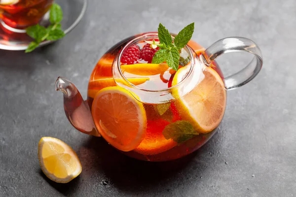 Traditional Fruit Tea Teapot Glass Lemon Berries Mint — Stock Photo, Image