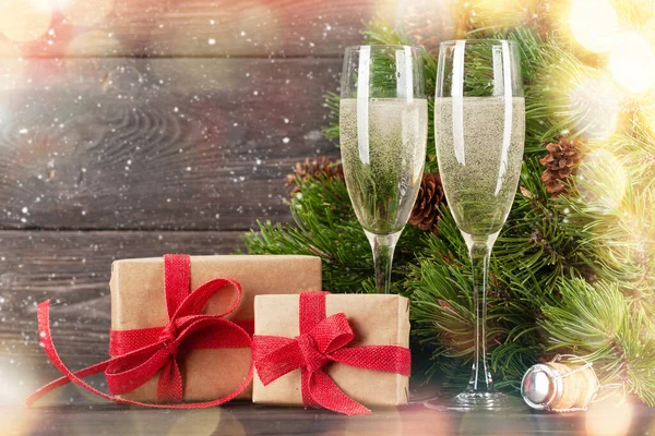 Carte Voeux Noël Avec Sapin Verres Champagne Coffrets Cadeaux Espace Images De Stock Libres De Droits