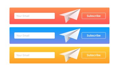 Şimdi bizim bülten için giriş form kümesi abone. UI Ux tasarım form şablonuyla kağıt uçaklar üzerinde farklı backgrouns metin kutusu ve düğme şablonu abone ile