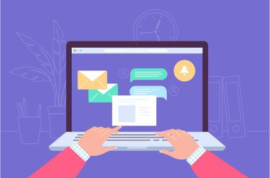 Dizüstü bilgisayar ekranı ve çalışma illüstrasyon yerleştirin. Düz çizgili tema. Laptop ve farklı öğeleri dahil Kupası, ağaç, çiçek, lamba, kalem. Mektup üstünde belgili tanımlık perde. İyi iş illüstrasyon. 