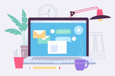 Dizüstü bilgisayar ekranı ve çalışma illüstrasyon yerleştirin. Düz çizgili tema. Laptop ve farklı öğeleri dahil Kupası, ağaç, çiçek, lamba, kalem. Mektup üstünde belgili tanımlık perde. İyi iş illüstrasyon. 