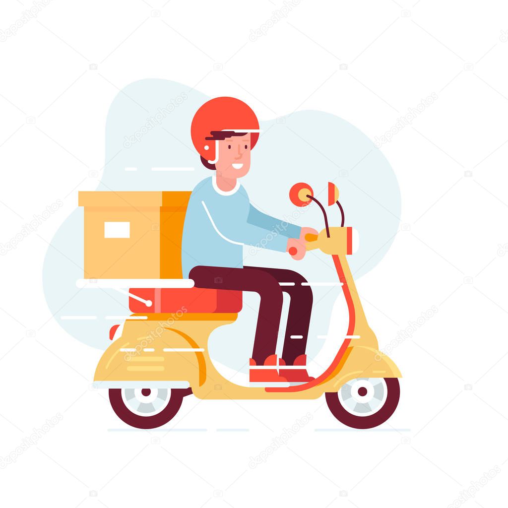 Vector modern creative flat design illustration featuring office worker commuting on retro scooter with the delivery box on back. Man in helmet riding classic looking moped, side view. Vector