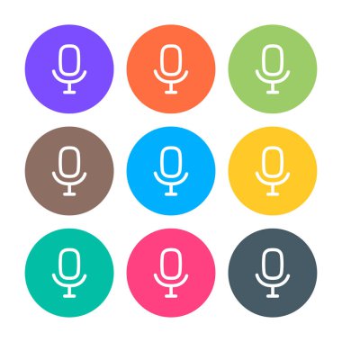 Podcast radyo ikonu resimleme seti. Stüdyo masası mikrofonu ve canlı yayın metni. Web yayını ses kaydı konsepti logosu.