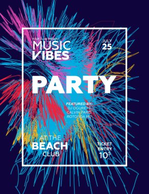 Gece parti sanat olay promosyon afiş şablonu. Parlayan fiber etkisi arka plan. Renkli sıçrama zemin. Gu gece bayanlar gecesi, karaoke partisi, derin trance müzik, yaz partisi. 