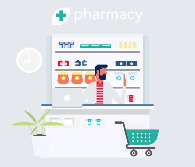 Eczacı para masanın arkasında. Modern daire basit stil tasarlamak. Kasiyer ve hapları ile duvar. İlaç deposu kavramı. Afiş tasarımı. Reklam banner.