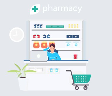 Eczacı para masanın arkasında. Modern daire basit stil tasarlamak. Kasiyer ve hapları ile duvar. İlaç deposu kavramı. Afiş tasarımı. Reklam banner.