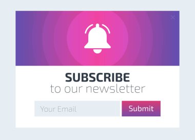 Çan zil basit simgesi olan degrade form arka planı. Vektör çizim. UI Ux tasarım içeren metin kutusu ve düğme şablonu abone. Renkli sıvı şekiller arka plan ile. Degrade renkler 