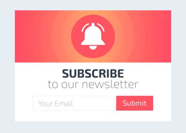 Çan zil basit simgesi olan degrade form arka planı. Vektör çizim. UI Ux tasarım içeren metin kutusu ve düğme şablonu abone. Renkli sıvı şekiller arka plan ile. Degrade renkler 