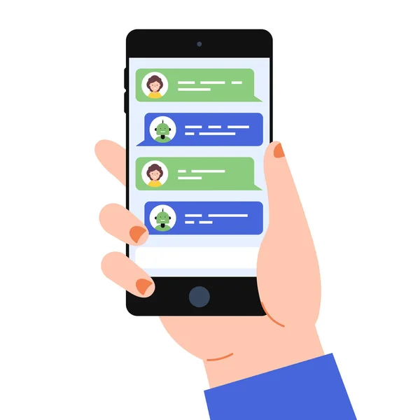 Mano Con Teléfono Inteligente Bot Chat Pantalla Ilustración Diseño Vectores — Archivo Imágenes Vectoriales