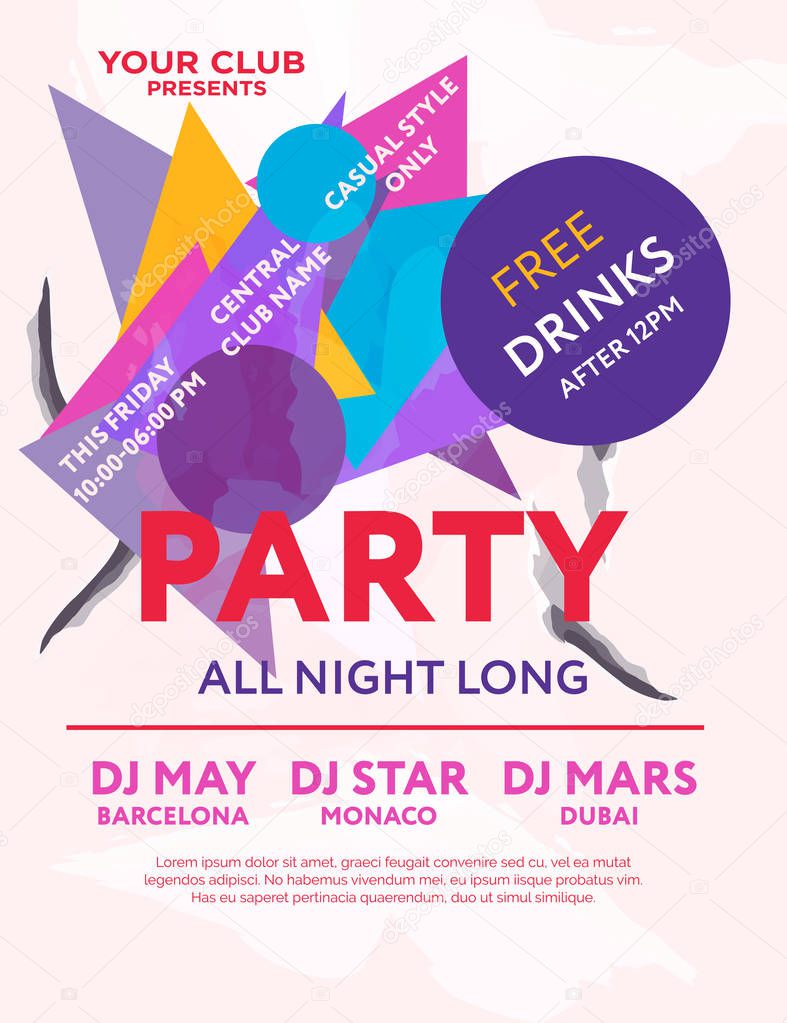 Web banner or print poster for party all night long. Great concept for club and party promotions and advertisement. Vector illustration, vector background